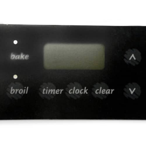 Close-up of the control overlay showing button labels: bake, broil, timer, clock, clear, and up/down arrows.
