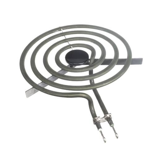 Top view of the Electrolux 316442300 8-inch range heating element, showing the spiral coil and central hub with terminal connectors, designed for quick and easy installation in electric stovetops.