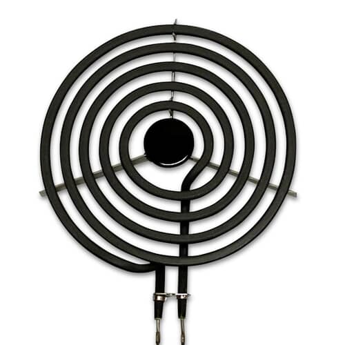 Top view of Electrolux 316442301 8-inch surface element, featuring a spiral coil design with a central hub and two terminal prongs for electrical connection, ideal for electric ranges.
