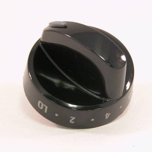 Angled view of the Electrolux 316442501 black gas range burner control knob (OFF, LITE, LO, HI).