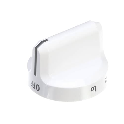 Angled view of the Electrolux 316545007 white gas range burner control knob (OFF, LITE, HI).
