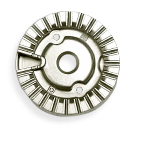 Angled view of the silver cast metal Electrolux 316558300 gas range burner head.