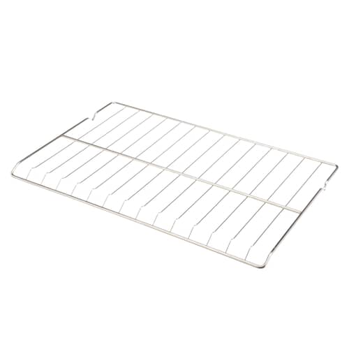 Angled view of the chrome wire Electrolux 318025314 oven rack shelf.