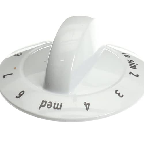 Angled view of the 318196633 white range knob, highlighting the "LO SIM," "MED," and "HI" text.