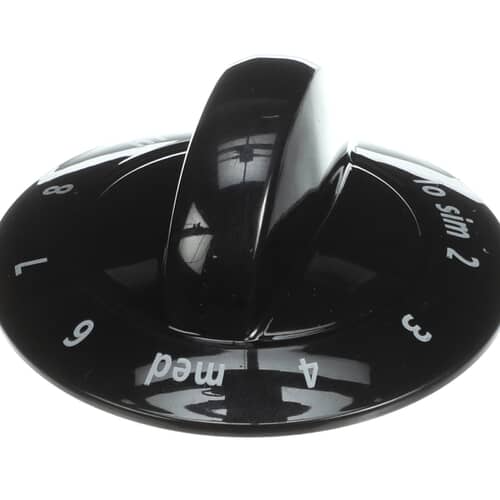 Angled view of the black plastic Electrolux 318196634 control knob with white markings.