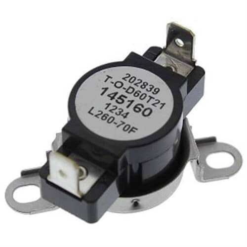 A side view focusing on the black body of the thermostat, clearly showing the two spade terminals for wire attachment.