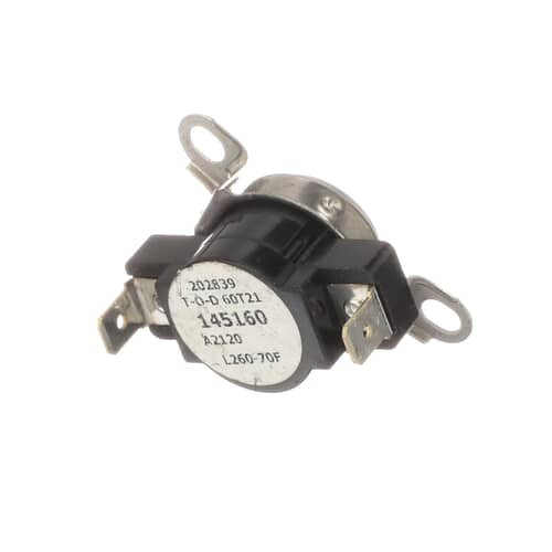 Electrolux safety thermostat shown from the top, displaying a round metal cap, mounting holes, and the black plastic housing.