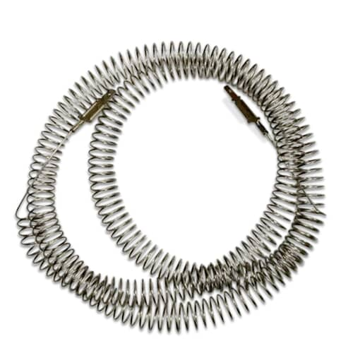 A circular arrangement of a metallic coil heating element with two terminal ends attached, set against a pure white background.