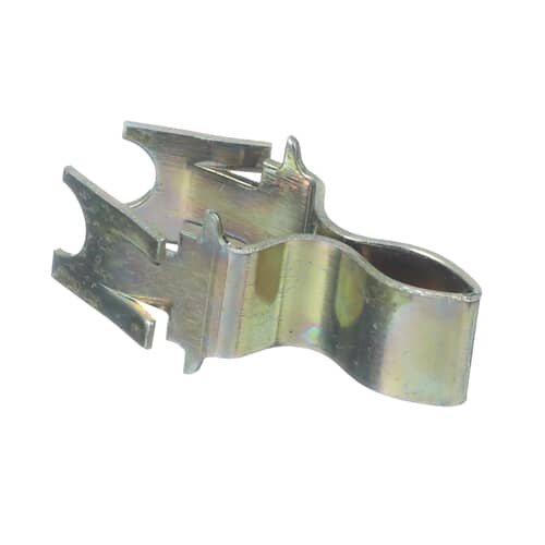 A side view of the metallic retaining clip on a white grid background, showing the spring tension and gripping features.