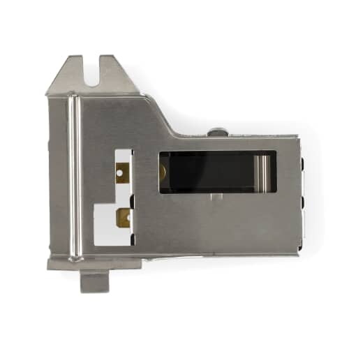 An angled view of the sensor assembly, showing the black body with a red label and the electrical spade terminals.