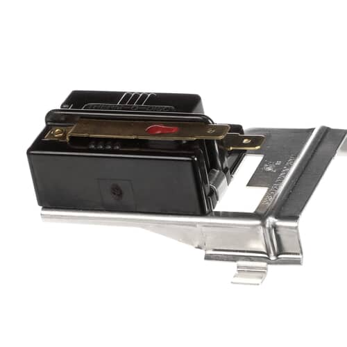 A side view of the metallic thermostat body and the black plastic component against a purple background.