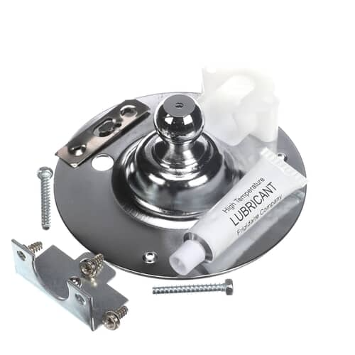 Components of the rear bearing kit spread out on a white background, showing the chrome shaft assembly, metal plates, screws, lubricant tube, and a white plastic piece.