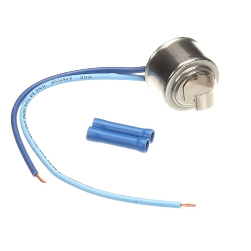 Image showing the white, insulated wire leads connected to blue heat-shrink butt connectors and the coiled wire loop.