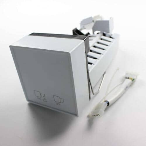 A white plastic LG icemaker assembly unit shown at an angle, with the wire harness and bail arm visible.