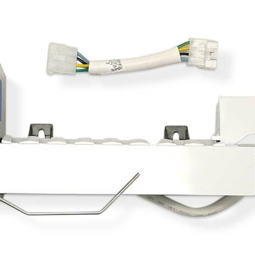 Detail shot showing the detached wiring harness adapter cable with multiple colored wires leading to a white connector plug.