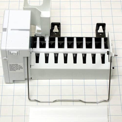 Top view of the icemaker assembly on a white grid, clearly showing the wire harness with the white connector extending from the motor housing.