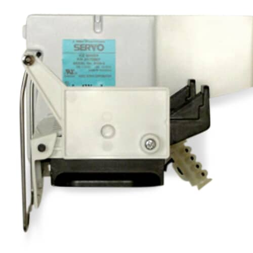 Close-up view of the side of the icemaker, highlighting the motor housing, the bail arm mechanism, and the wire connector plug.