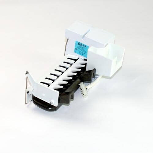 An Electrolux rear-mount icemaker assembly shown at an angle, featuring the white housing, black mold section, and a visible blue SERVO label.