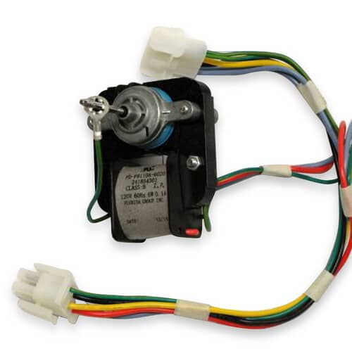 Close-up of the evaporator motor showing the mounting bracket, the metal nameplate (with 120V specs), and the wire leads connected to white plastic connectors.