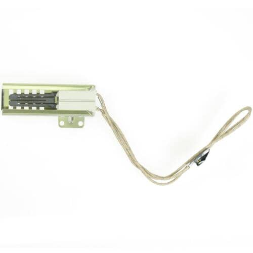 GE/Electrolux oven burner igniter assembly with a metal bracket, two white ceramic posts, and flexible insulated wires leading to an SCP labeled tag.