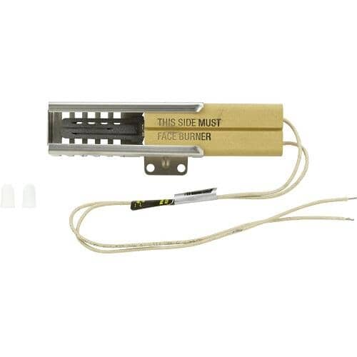 Angled view of the Electrolux 5303935067 flat style gas oven ignitor with mounting bracket.