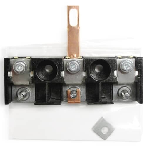 Front view of Electrolux 5303935238 terminal block kit with three connection ports and copper ground plate.