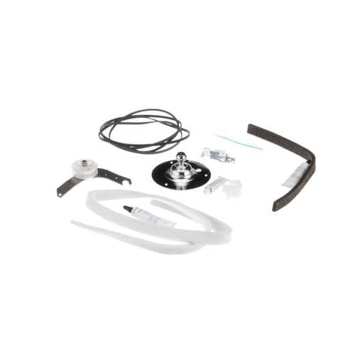 Components of the dryer maintenance kit laid out, including a dark belt, a white pulley, metal brackets, and a tube of lubricant.