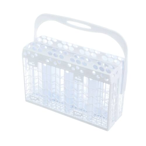 Simple view of the white utensil basket against a white background.