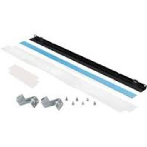 Components of the Electrolux stacking kit spread out against a white background, showing the black bar, white strips, metal brackets, and screws.