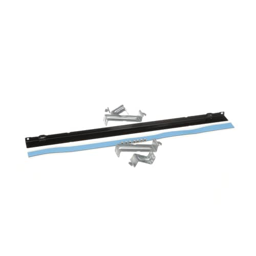 An angled view of the stacking kit contents, clearly showing the black support bar with a blue protective strip underneath.