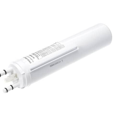 The white cylindrical Electrolux water filter cartridge shown at an angle against a white background, featuring the blue label and connection stems.