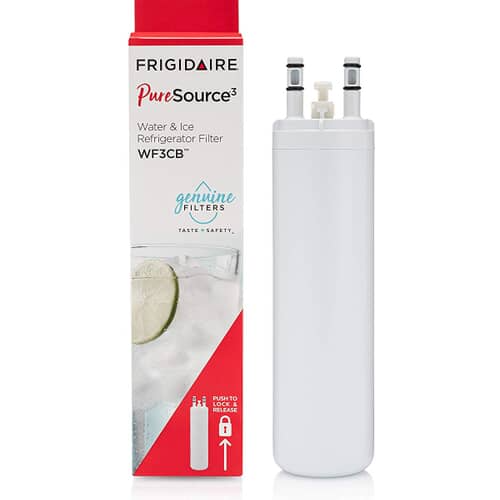 The Frigidaire PureSource 3 water filter shown next to its red and white retail packaging, featuring the number '3' seal.