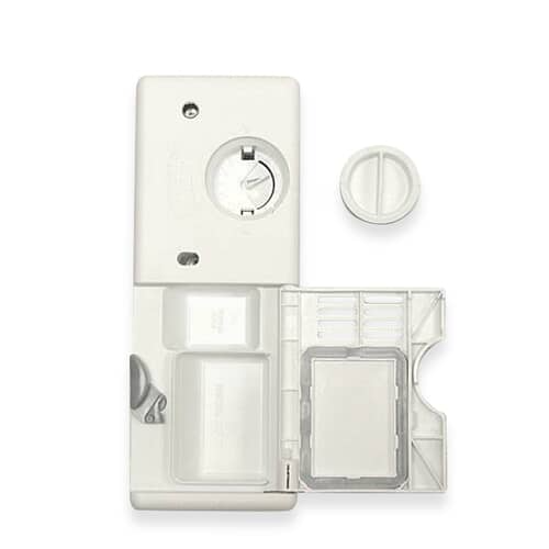 Top view of Electrolux 154574401 dishwasher detergent and rinse aid dispenser showing compartments.