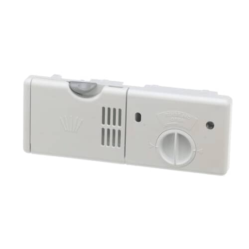 Electrolux 154574401 genuine dishwasher detergent dispenser unit in light gray housing.