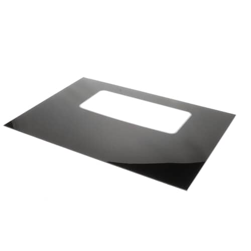 Angled view of the black Electrolux 316406404 oven door glass panel.