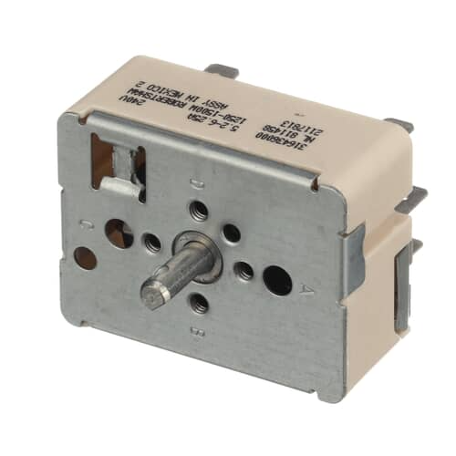 Detailed side view of the Electrolux 316436000 Range Surface Element Control Switch, showing the switch mechanism and shaft for installation.