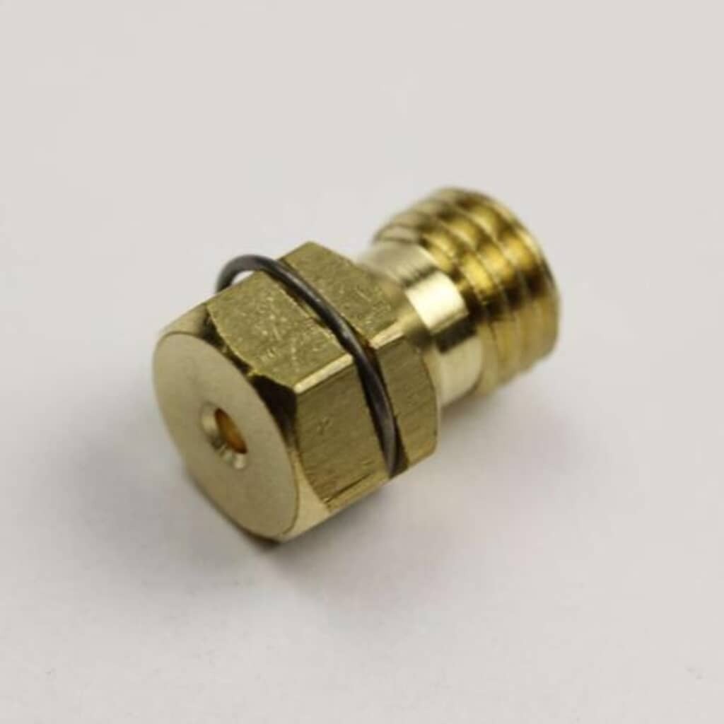 Electrolux 316527500 brass gas burner orifice, showing the threaded body, hexagonal nut section, and small central gas aperture.