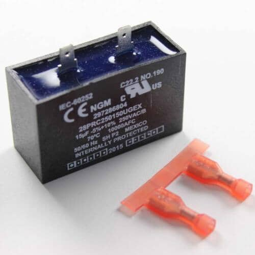 Front view of Electrolux 5304464438 refrigerator run capacitor with connector terminals and red wiring clips.