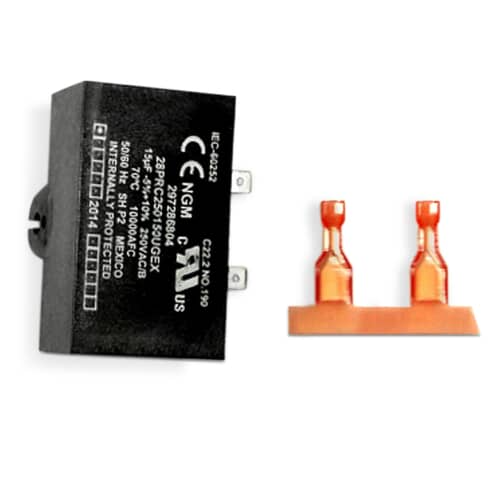 Top view of Electrolux 5304464438 OEM refrigerator run capacitor showing electrical rating and mounting terminals.