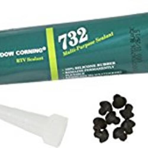 Close-up of the RTV silicone sealant tube (Dow Corning 732) and rubber grate feet included in the 5304475129 kit.