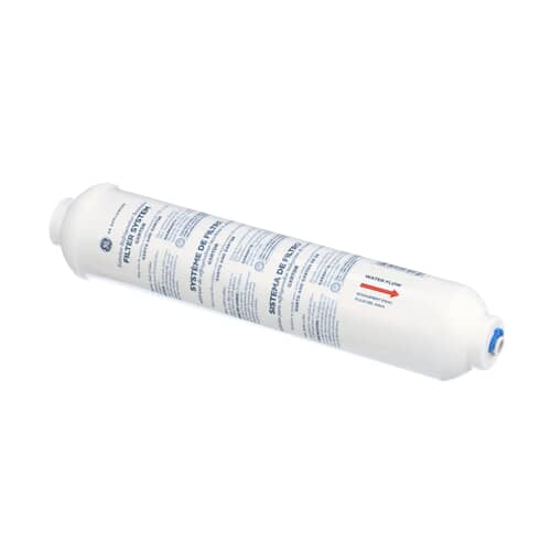 The GE in-line water filter shown next to its packaging, highlighting the "GE FILTER SYSTEM" label and the water flow arrow.