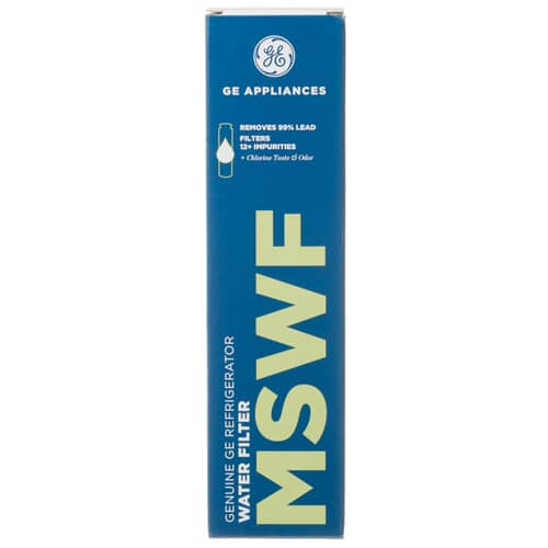GE MSWF Genuine Refrigerator Water Filter replacement cartridge in blue retail box
