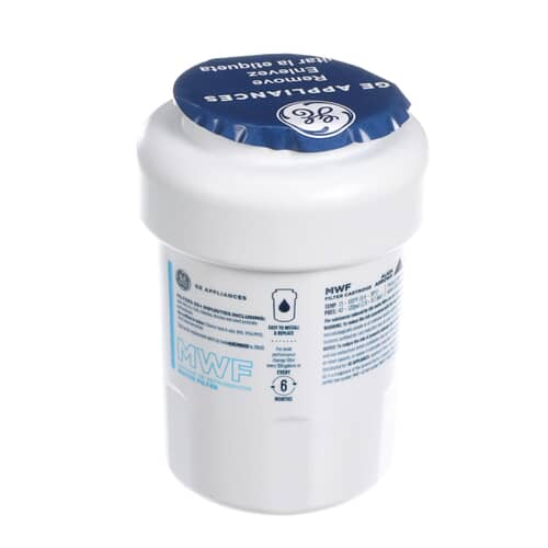 A white GE MWF refrigerator water filter cartridge, angled to show the white body and the blue cap, against a white background.