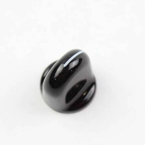Angled view of the black GE WB03T10035 selector knob with white indicator line.