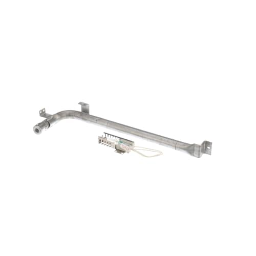 Angled view of the GE WB16K10035 oven bake burner tube with attached igniter kit.