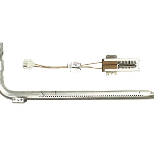 Full view of the OEM replacement GE WB16K10035 gas oven burner and igniter assembly.