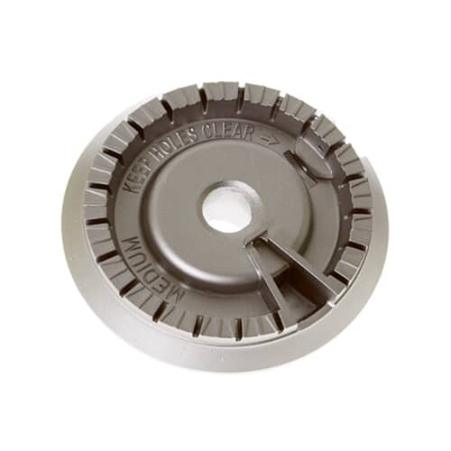 Top view of the GE WB16K10055 medium gas surface burner head base, showing "MEDIUM" text and flame ports.