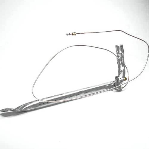 Angled view of the GE WB16K10061 gas oven burner tube and pilot assembly with attached thermal coupler.