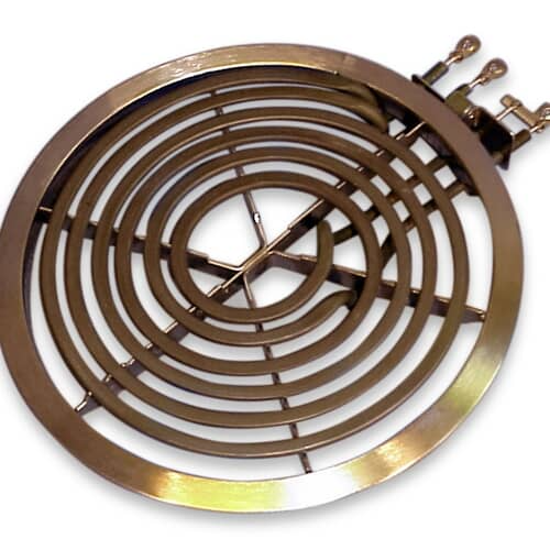 Angled view of the GE WB30X354 8-inch coil surface element kit with chrome trim ring and terminals.