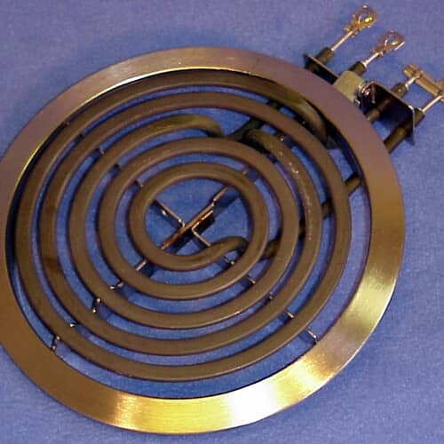 Front view of the GE WB30X356 6-inch coil surface element kit, showing coil, trim ring, and terminals.